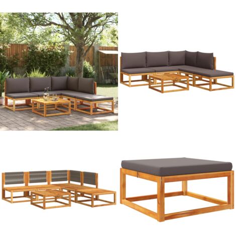 Conjunto de sofá de jardín de 6 piezas con cojines de madera de acacia y cuerda - Cojín de madera - Muebles de jardín