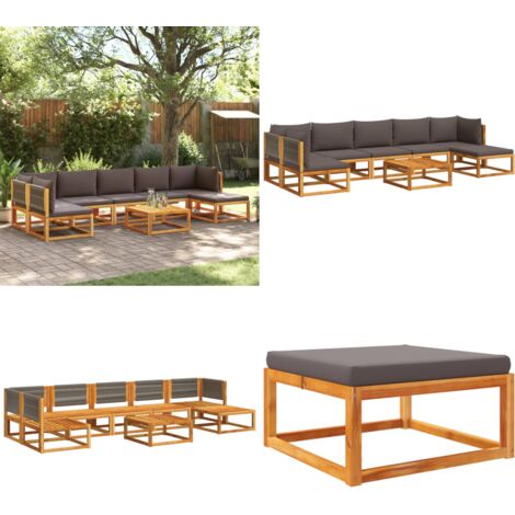 Conjunto de sofá de jardín de 8 piezas con cojines de madera de acacia y cuerda - Cojín de madera - Muebles de jardín