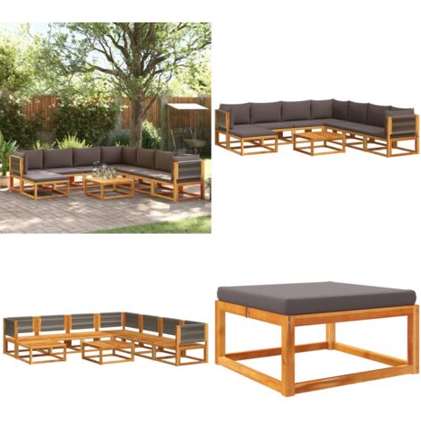 Conjunto de sofá de jardín de 9 piezas con cojines de madera de acacia y cuerda - Cojín de madera - Muebles de jardín