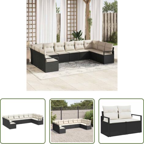Conjunto de sofás -  Conjunto de sofás de jardín 10 pcs Negro y ratán sintético