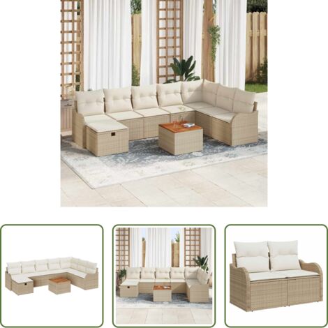 Conjunto de sofás -  Conjunto de sofás de jardín 9 pcs Beige ratán sintético