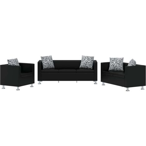 Conjunto de sofás de 2 y 3 plazas y sillón de cuero artificial negro