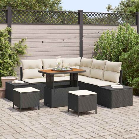 Conjunto de sofás de jardín con cojín 8 pcs Negro Poliratán vidaXL