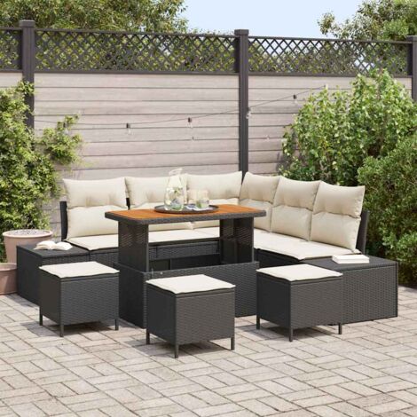Conjunto de sofás de jardín con cojín 9 pcs Negro Poliratán vidaXL