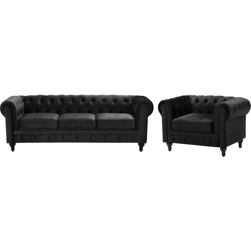 Conjunto de sofás Chesterfield tapizado en terciopelo negro patas de madera oscura sofá 3 plazas + sillón estilo clásico Chesterfield