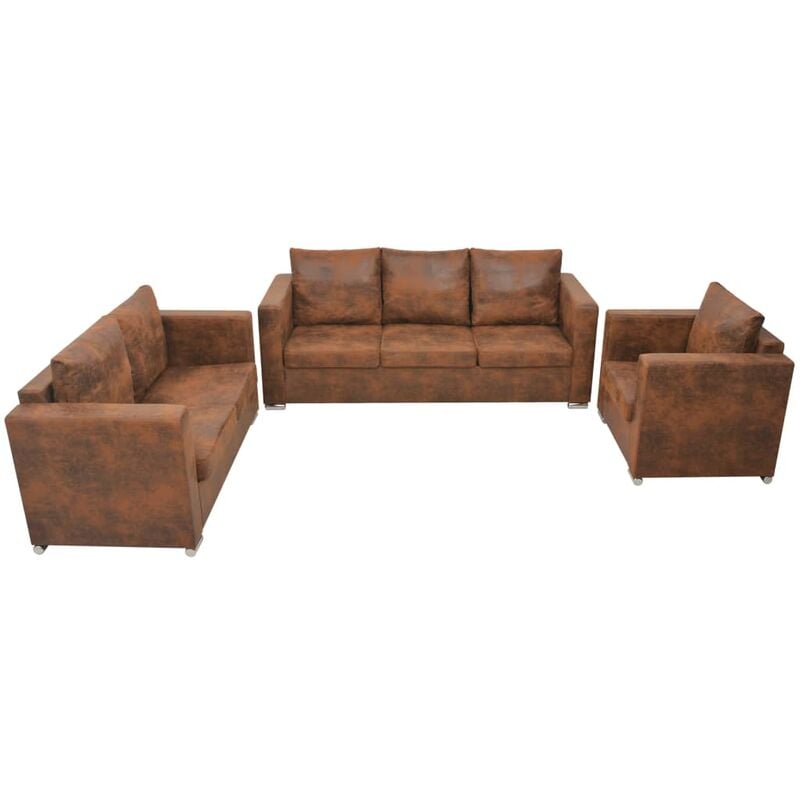 

Conjunto de sofás de 3 piezas de piel artificial de ante - Marrón