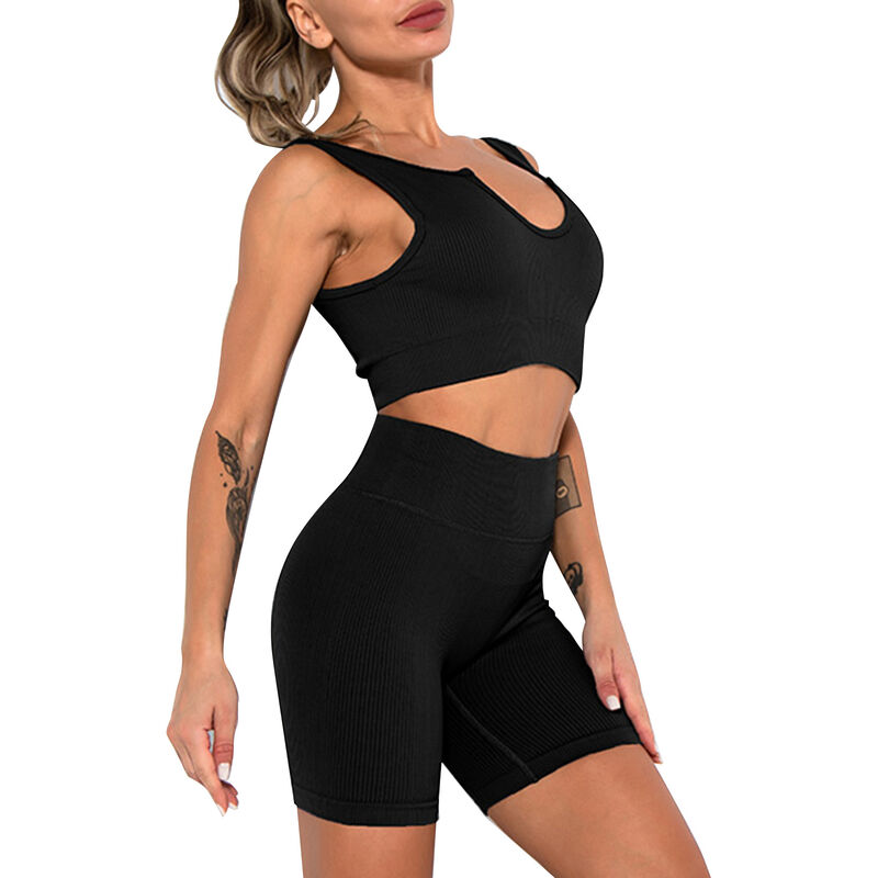 

Conjunto deportivo para mujer, Tops cortos acanalados, almohadilla extra¨ªble, pantalones cortos de cintura alta, medias, entrenamiento, gimnasio,