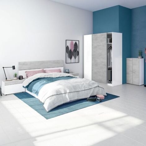 Conjunto Dormitorio Completo Habitación Principal Color Blanco Artik y Cemento (cabecero + 2 mesitas + armario + zapatero)