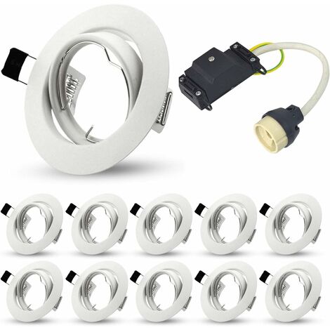 Conjunto focos empotrables GU10, marcos de montaje para focos empotrables, casquillos cerámicos GU10 con conectores automáticos, 230V, Blanco, Redondo, Ø 75 mm, paquete de 10