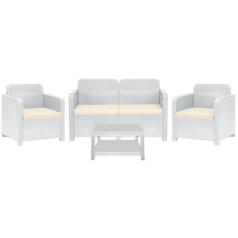 

Conjunto GARRUCHA, 2 Sillones + sofá + mesa, poli ratán blanco, cojines