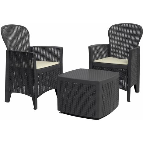 Conjunto Jardín con Mesa Baúl y 2 Sillones y 2 Cojines | Progarden | Conjunto Modelo Tree Mesa Baúl y Sillones de Resina | Conjunto para Jardín, Terraza y Exterior - Antracita
