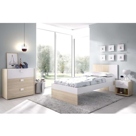 Conjunto juvenil cama de 90 cm, mesita y cómoda Duna-3 acabado natural/blanco.