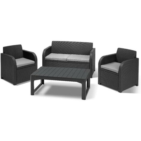 Conjunto Keter 2 Sillones + Sofá + Mesita Abierta Elevable CAROLINA LOUNGE Grafito