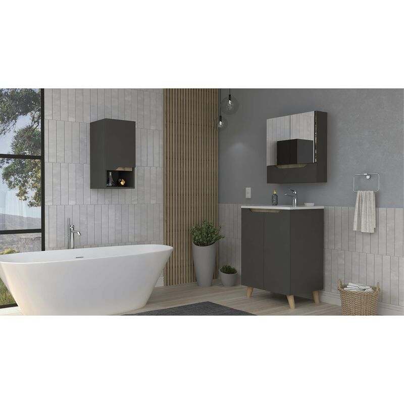 

Conjunto Laurent, Armario De Pared Con Espejo + Mueble De Baño De Pie Con Lavamanos + Armario Colgante