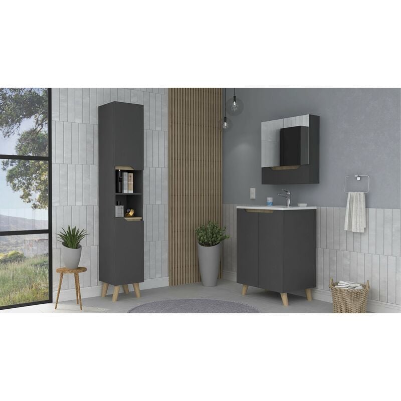 

Conjunto Laurent, Armario De Pared Con Espejo + Mueble De Baño De Pie Con Lavamanos + Columna