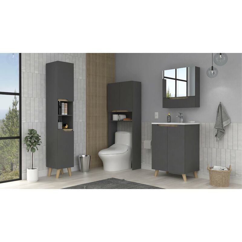 

Conjunto Laurent, Armario De Pared Con Espejo + Mueble De Baño De Pie Con Lavamanos + Estanteria Sobre Inodoro + Columna