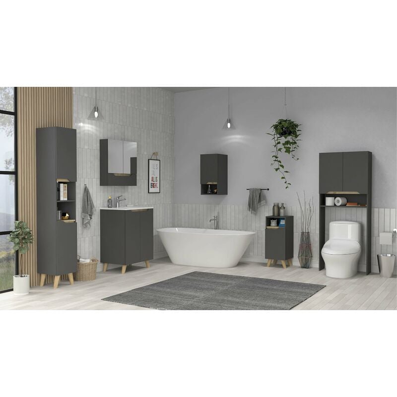 

Conjunto Laurent, Armario De Pared Con Espejo + Mueble De Baño De Pie Con Lavamanos + Estanteria Sobre Inodoro + Columna + Armario Colgante + Armario