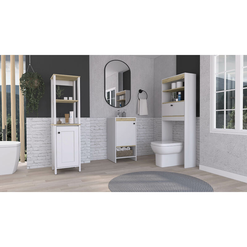 

Conjunto Malaga, Mueble Columna De Baño 1 Puerta + Mueble De Baño De Pie Con Lavamanos + Estanteria De Baño Sobre Inodoro