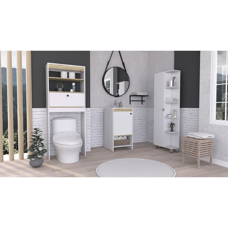 

Conjunto Malaga, Mueble De Baño De Pie Con Lavamanos + Estanteria De Baño Sobre Inodoro + Columna Esquinera De Baño