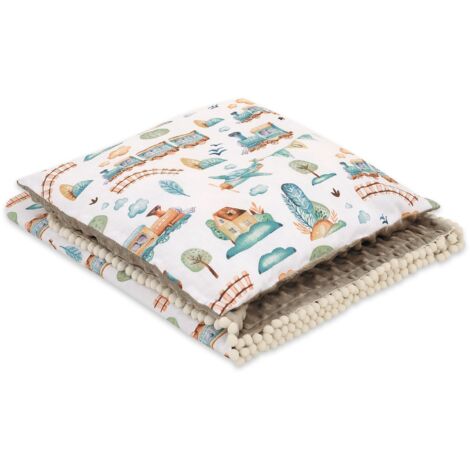 Conjunto: Manta de algodón de doble cara con minky y almohada - Tren Turquesa