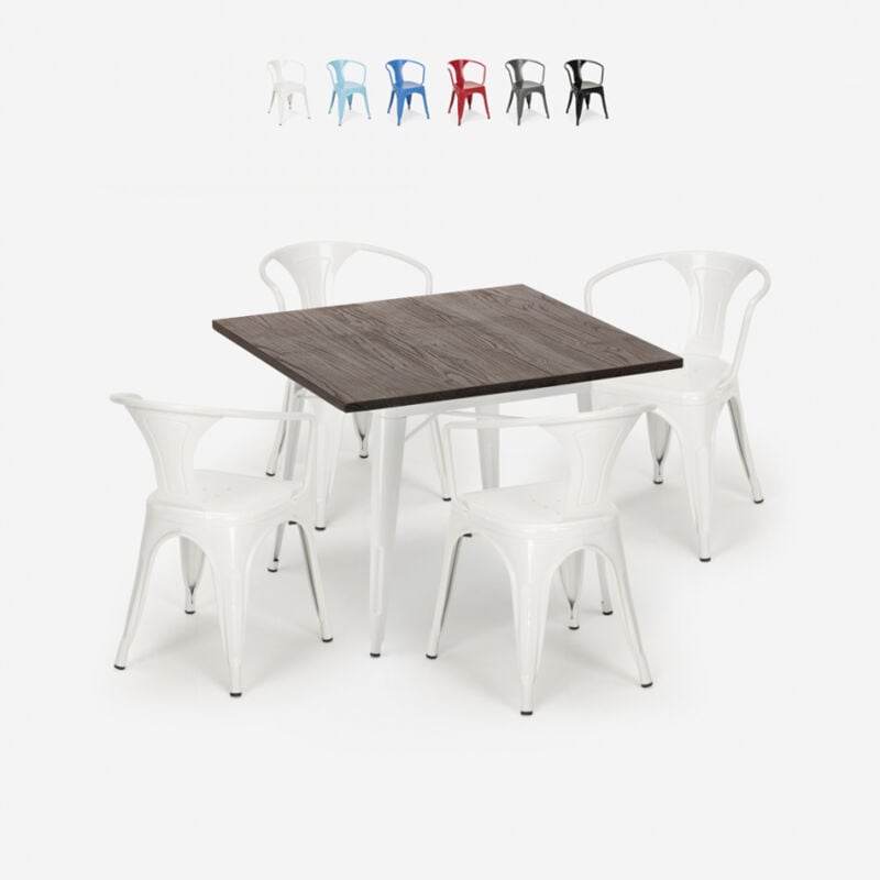 

Juego mesa 80 x 80 cm diseño industrial 4 sillas estilo tolix bar cocina Hustle White | Color: Blanco