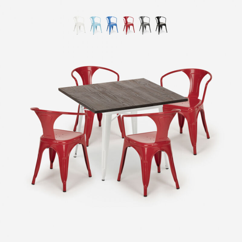 

Juego mesa 80 x 80 cm diseño industrial 4 sillas estilo tolix bar cocina Hustle White | Color: Rojo