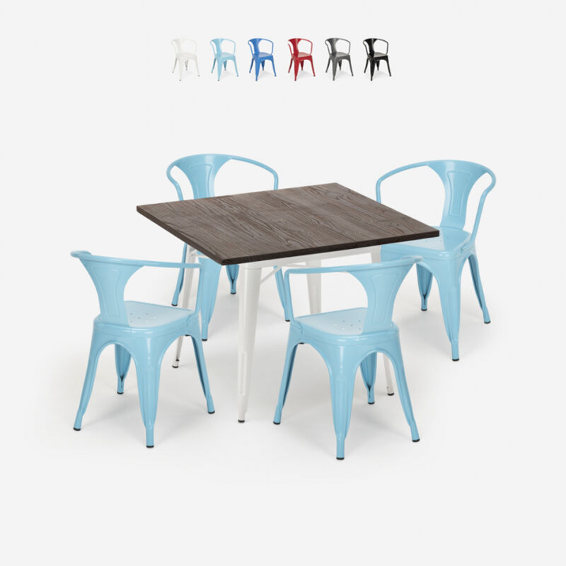 

Juego mesa 80 x 80 cm diseño industrial 4 sillas estilo tolix bar cocina Hustle White | Color: Azul