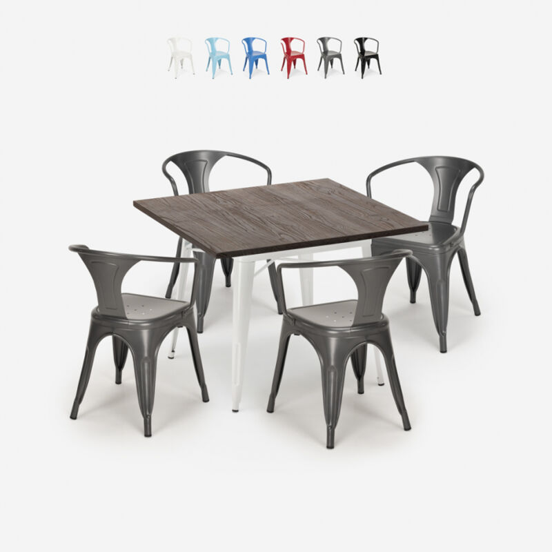 

Juego mesa 80 x 80 cm diseño industrial 4 sillas estilo tolix bar cocina Hustle White | Color: Gris Oscuro