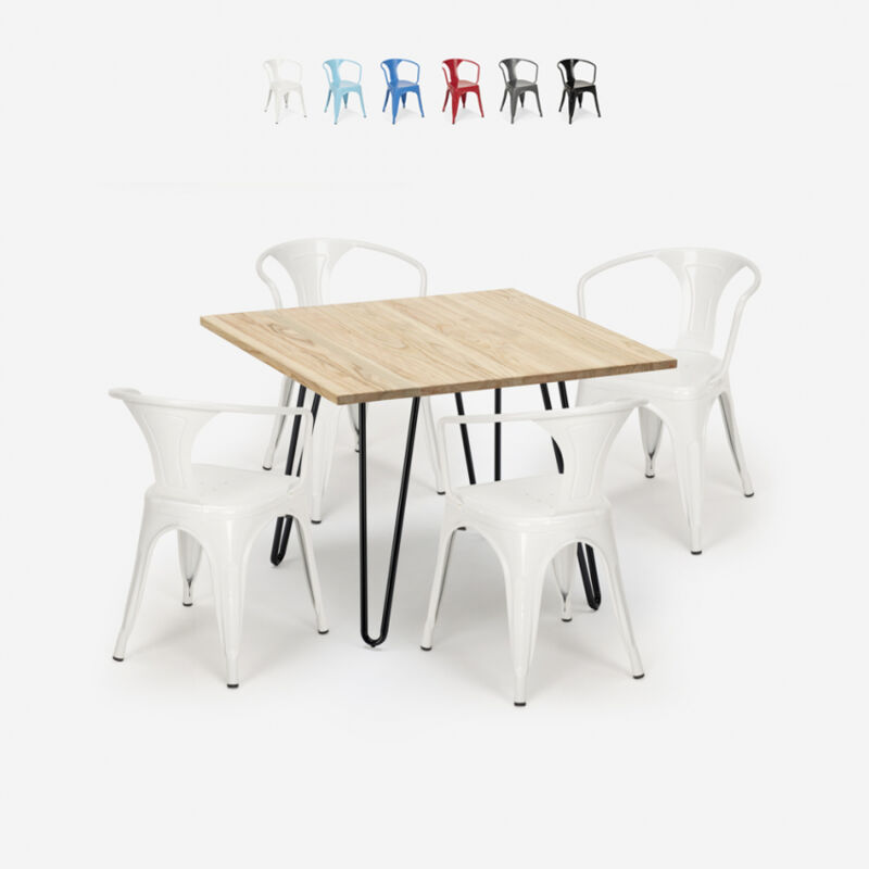 

Juego mesa 80 x 80 cm diseño industrial 4 sillas estilo tolix bar cocina Reims Light | Color: Blanco