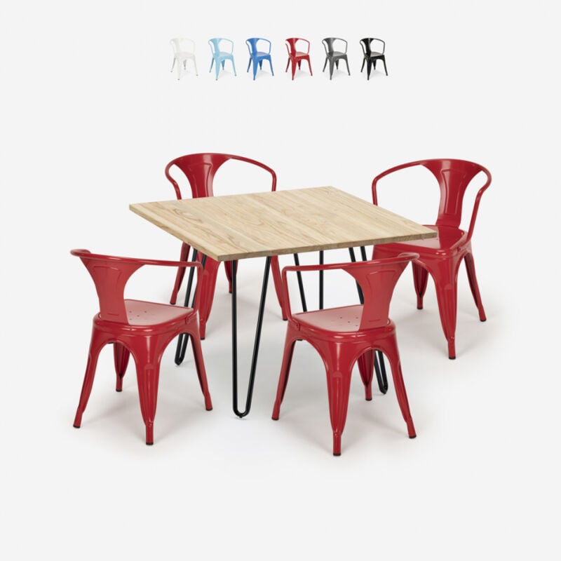 

Juego mesa 80 x 80 cm diseño industrial 4 sillas estilo tolix bar cocina Reims Light | Color: Rojo