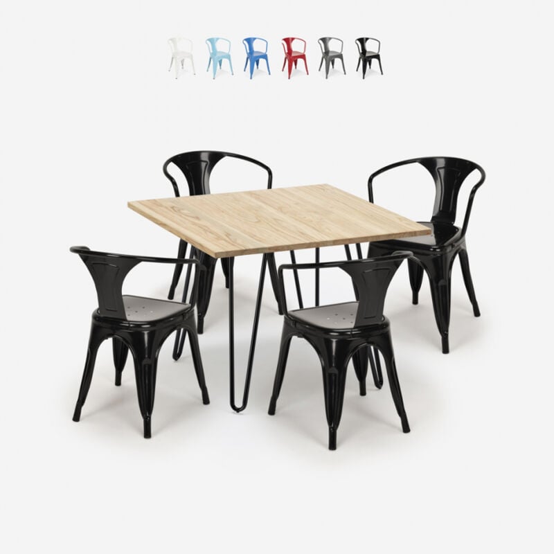 

Juego mesa 80 x 80 cm diseño industrial 4 sillas estilo tolix bar cocina Reims Light | Color: Negro