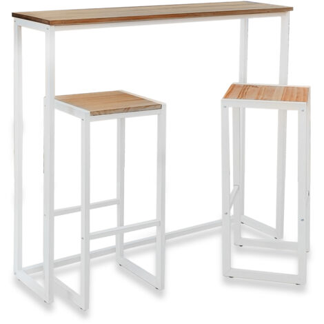 Conjunto Mesa Alta Eco-Line 118x30x110cm y 2 taburetes Blanco en madera maciza de pino acabado envejecido estilo Industrial Box Furniture