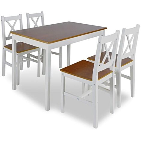 Conjunto mesa comedor salón 108 cm en madera de pino + 4 sillas blancas y marrones