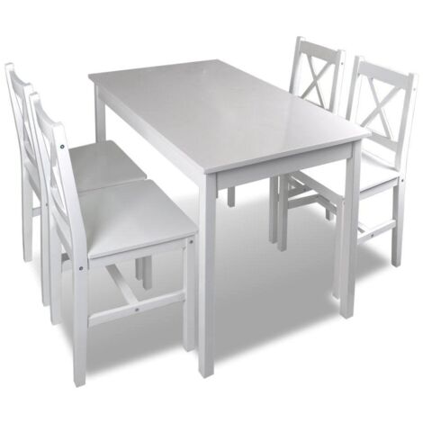 Conjunto mesa comedor salón 108 cm en madera de pino con 4 sillas blancas