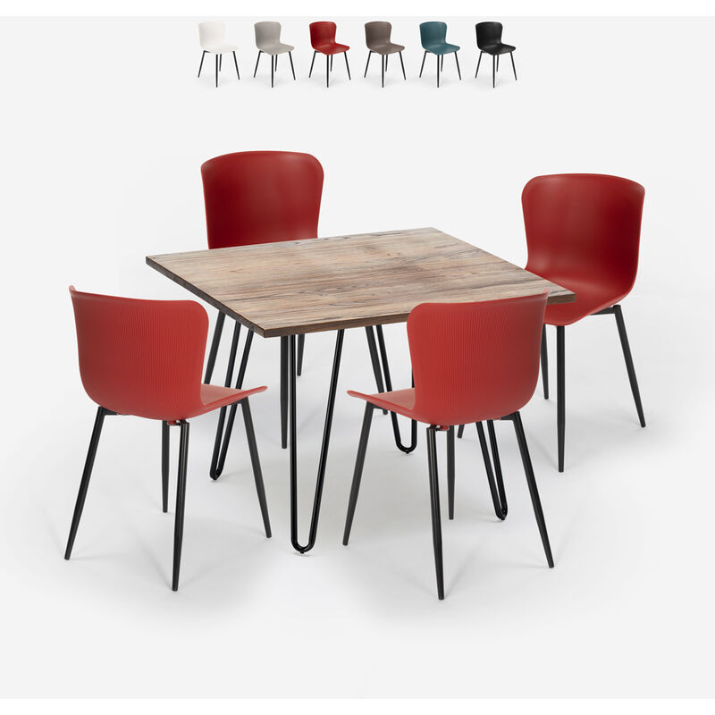 

Conjunto mesa cuadrada 80x80cm 4 sillas madera metal estilo industrial Claw | Color: Rojo