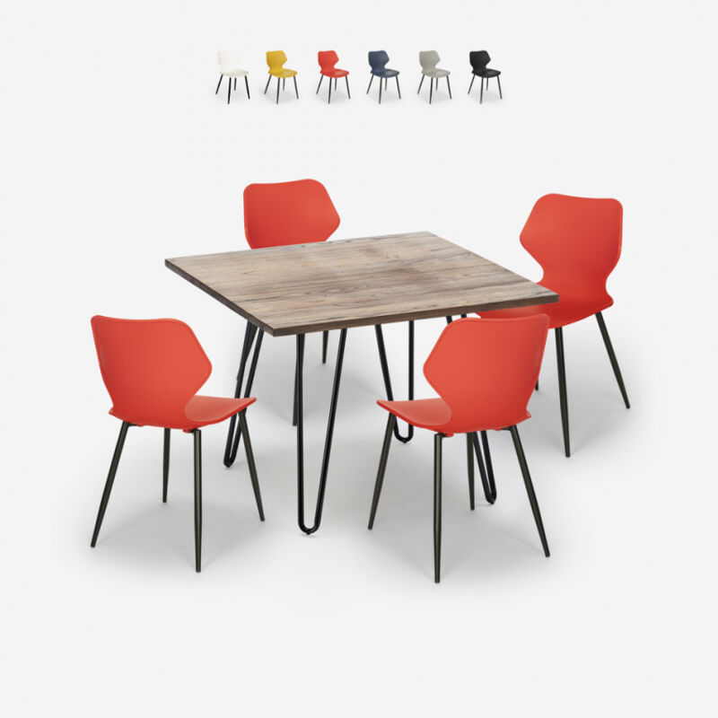 

Ahd Amazing Home Design - Conjunto mesa cuadrada 80x80cm diseño industrial 4 sillas polipropileno Sartis | Rojo
