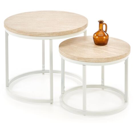 Conjunto mesa de centro Houston 951, Travertino claro + Blanco, 45x0x0cm, Diámetro: 53, MDF, Redonda