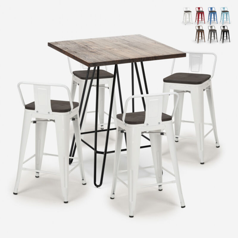 

Conjunto mesa de centro madera y metal 60x60cm 4 taburetes tolix Mason Noix Steel Top | Color: Blanco
