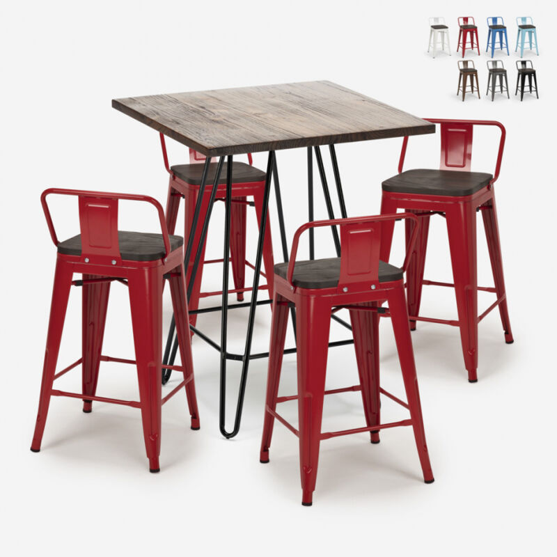 

Conjunto mesa de centro madera y metal 60x60cm 4 taburetes tolix Mason Noix Steel Top | Color: Rojo