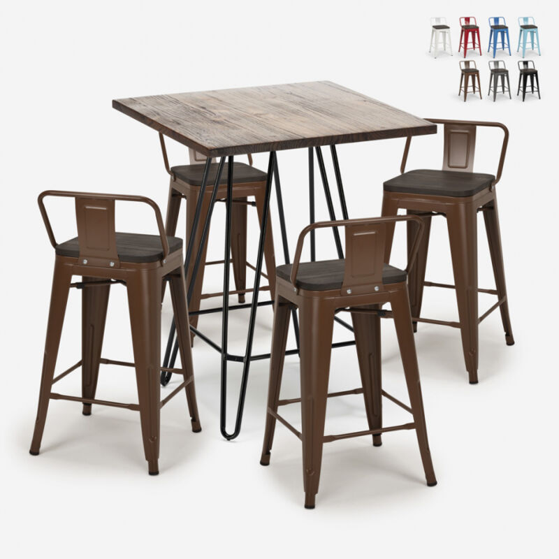 

Ahd Amazing Home Design - Conjunto mesa de centro madera y metal 60x60cm 4 taburetes tolix Mason Noix Steel Top | Color: Marrón