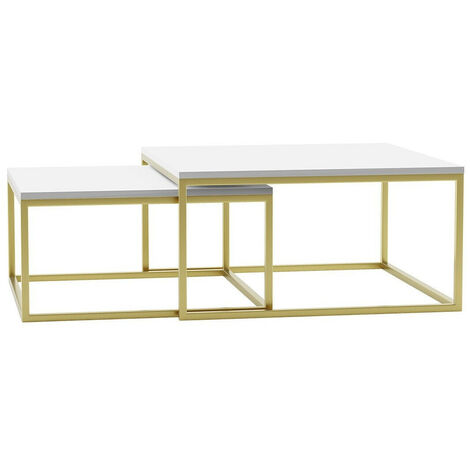 Conjunto mesa de centro Oswego 102, Blanco + Dorado, 39x76x76cm, Diámetro: 0, Aglomerado laminado, Angular