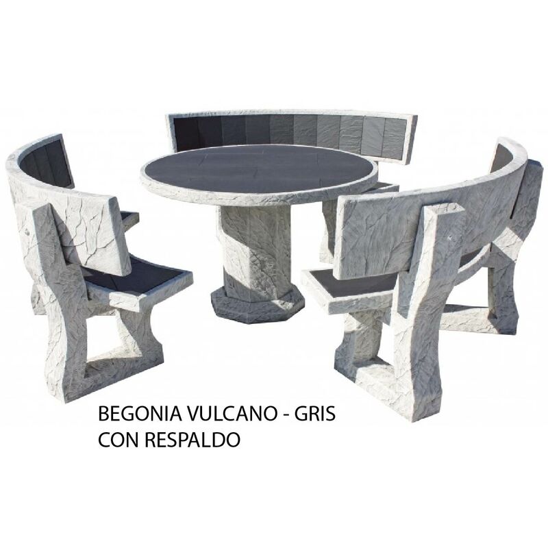 

Conjunto mesa de hormigón-Piedra Redonda 120cm. BEGONIA Azulejo: Vulcano con respaldo, piedra Gris.