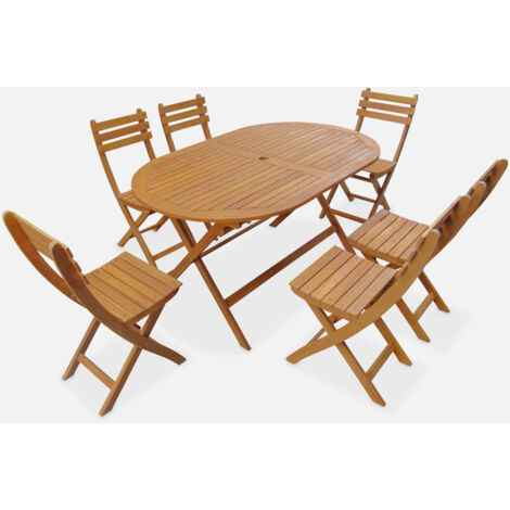 Conjunto mesa de jardín plegable de madera ovalada con 6 sillas