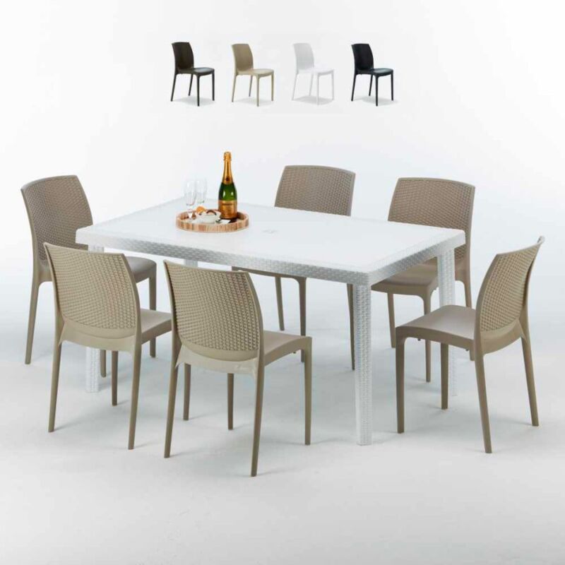 

Mesa Rectangular Blanca 150x90 cm y 6 Sillas De Colores Bohème Summerlife | Beige
