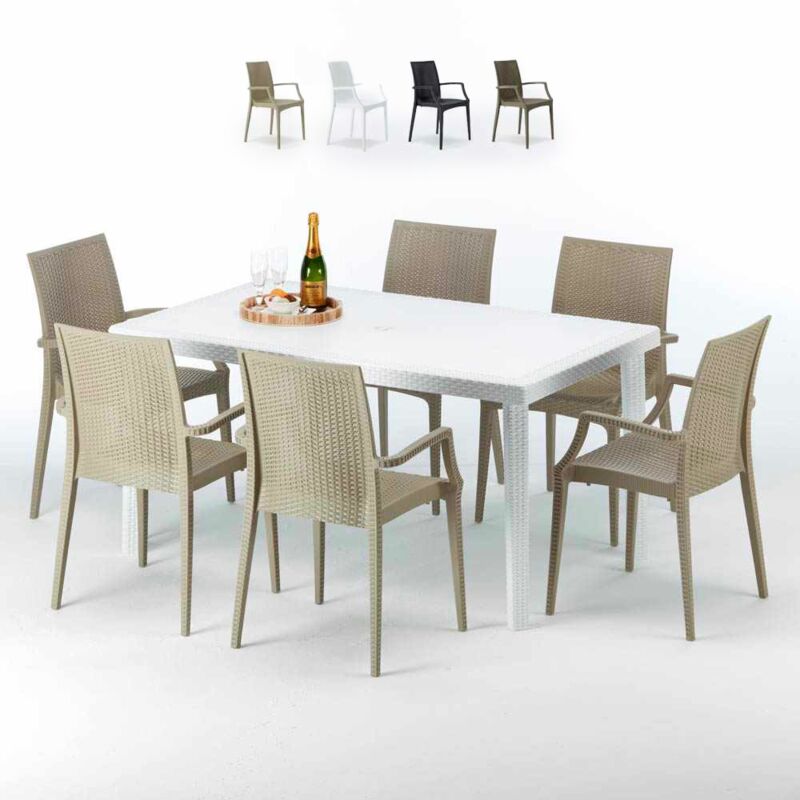 

Mesa Rectangular Blanca 150x90 cm y 6 Sillas De Colores Bistrot Arm Summerlife | Beige