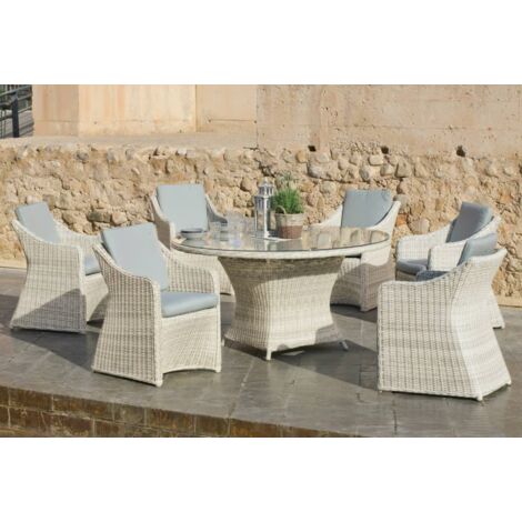 Conjunto mesa redonda + 6 sillones con cojines para terraza jardín Celebes-150/6, Médula Luxe.