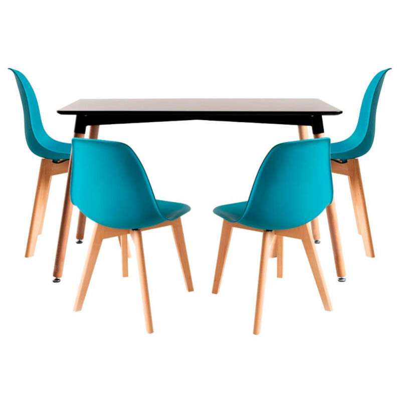 

Conjuntos - Conjunto Mesa Tower Rectangular 120 x 80 cm Negra y Pack 4 Sillas Kelen - Verde azulado