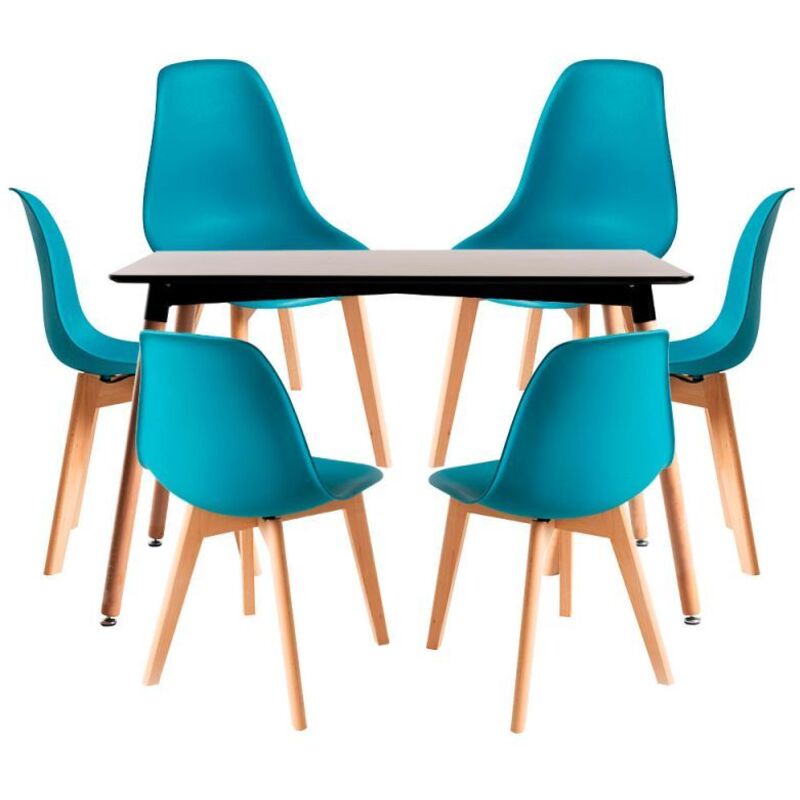 

Conjuntos - Conjunto Mesa Tower Rectangular 120 x 80 cm Negra y Pack 6 Sillas Kelen - Verde azulado