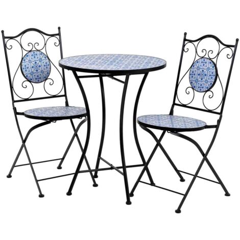 Conjunto mesa y dos sillas de mosaico y forja negro mesa:D60x75h-silla(2):D38x46-90h