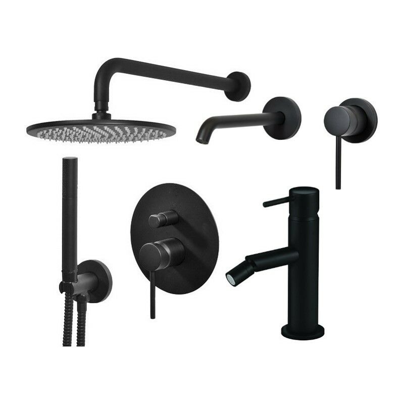 

Conjunto mezclador de lavabo de pared, mezclador de bidé y kit de ducha en negro mate Gattoni Easy KITEASY6NO | Negro mate